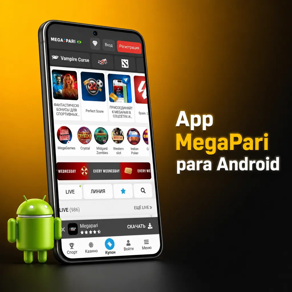 Aplicativo MegaPari para Android aberto em smartphone, com opções de apostas e cassino disponíveis