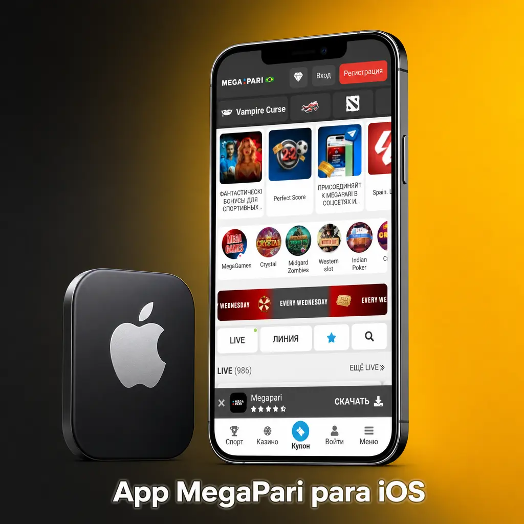 Aplicativo MegaPari para iOS no iPhone e iPad com apostas esportivas, cassino ao vivo e pagamento via Pix