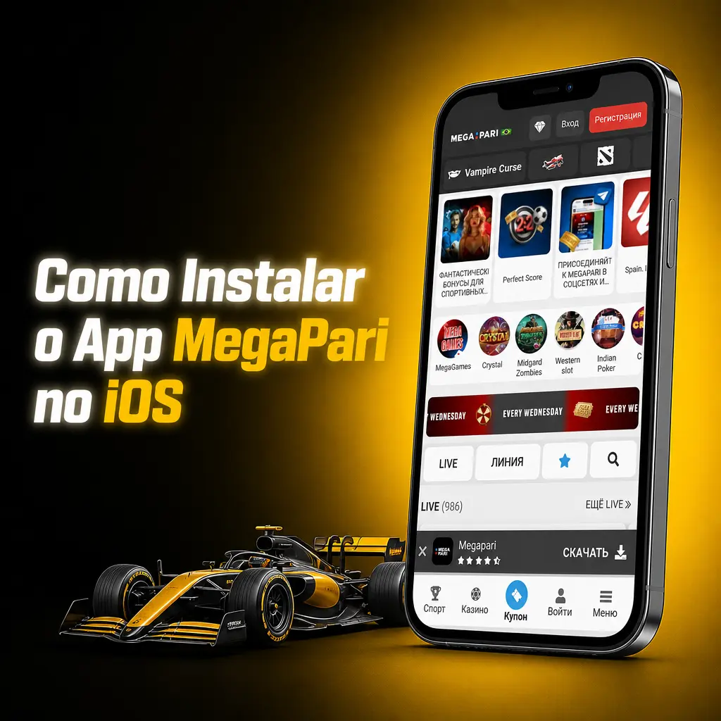 Tela do iPhone mostrando instalação do app MegaPari na App Store com apostas em Fórmula 1