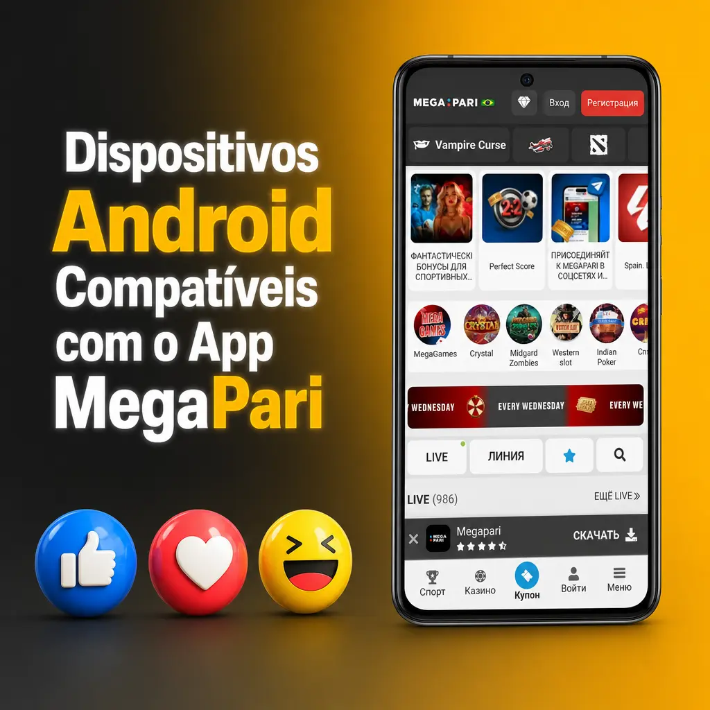 Smartphones Android compatíveis com o app MegaPari, incluindo Samsung, Motorola, Xiaomi e outros modelos populares no Brasil