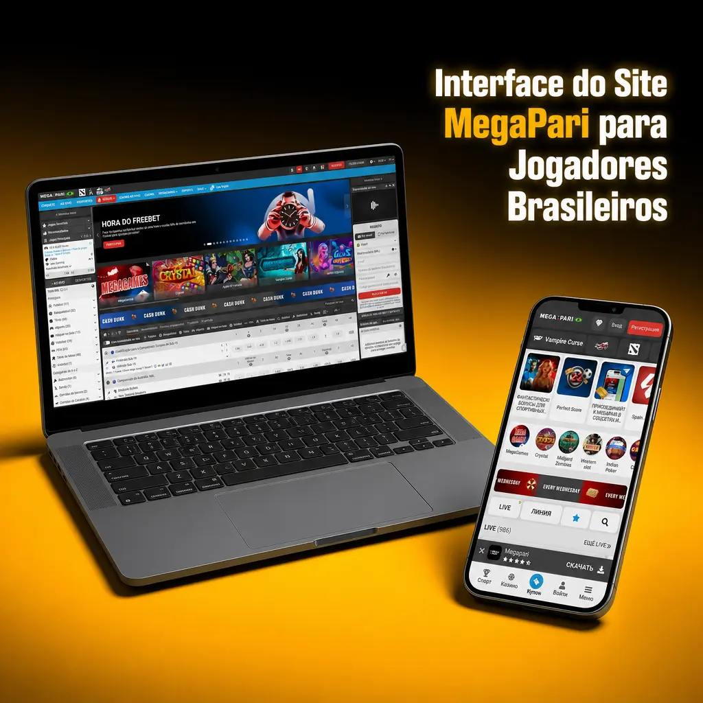 Interface do site MegaPari com barra de navegação exibindo seções de Esportes, Cassino e Promoções para jogadores brasileiros