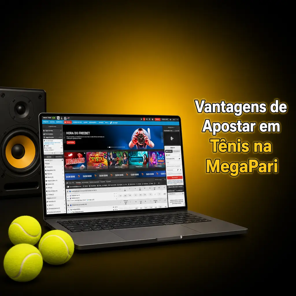 Quadra de tênis com interface da MegaPari exibindo odds ao vivo, mercados ATP e WTA e apostas em BRL via Pix