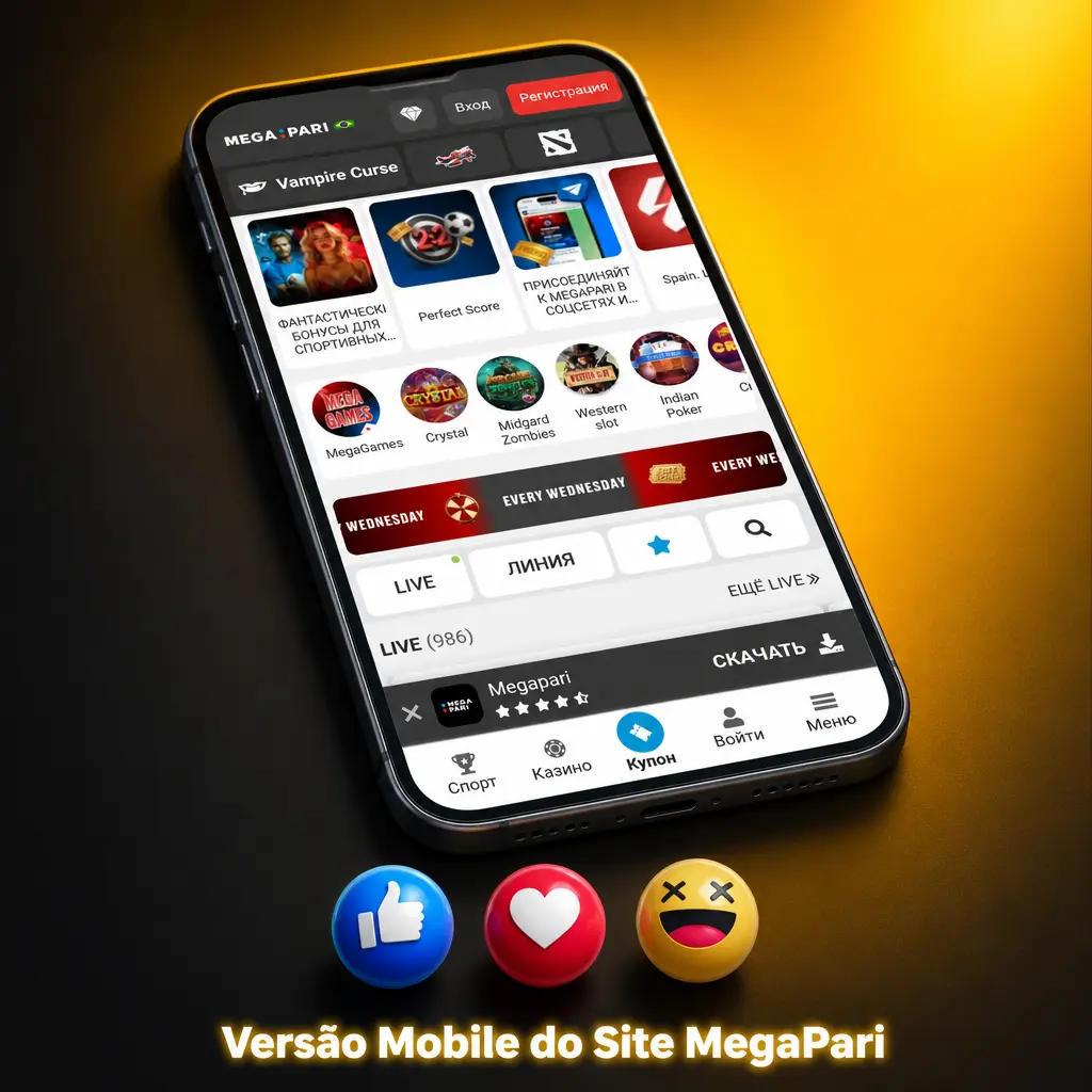 Versão mobile do site MegaPari aberta no navegador de smartphone, exibindo apostas esportivas e cassino ao vivo