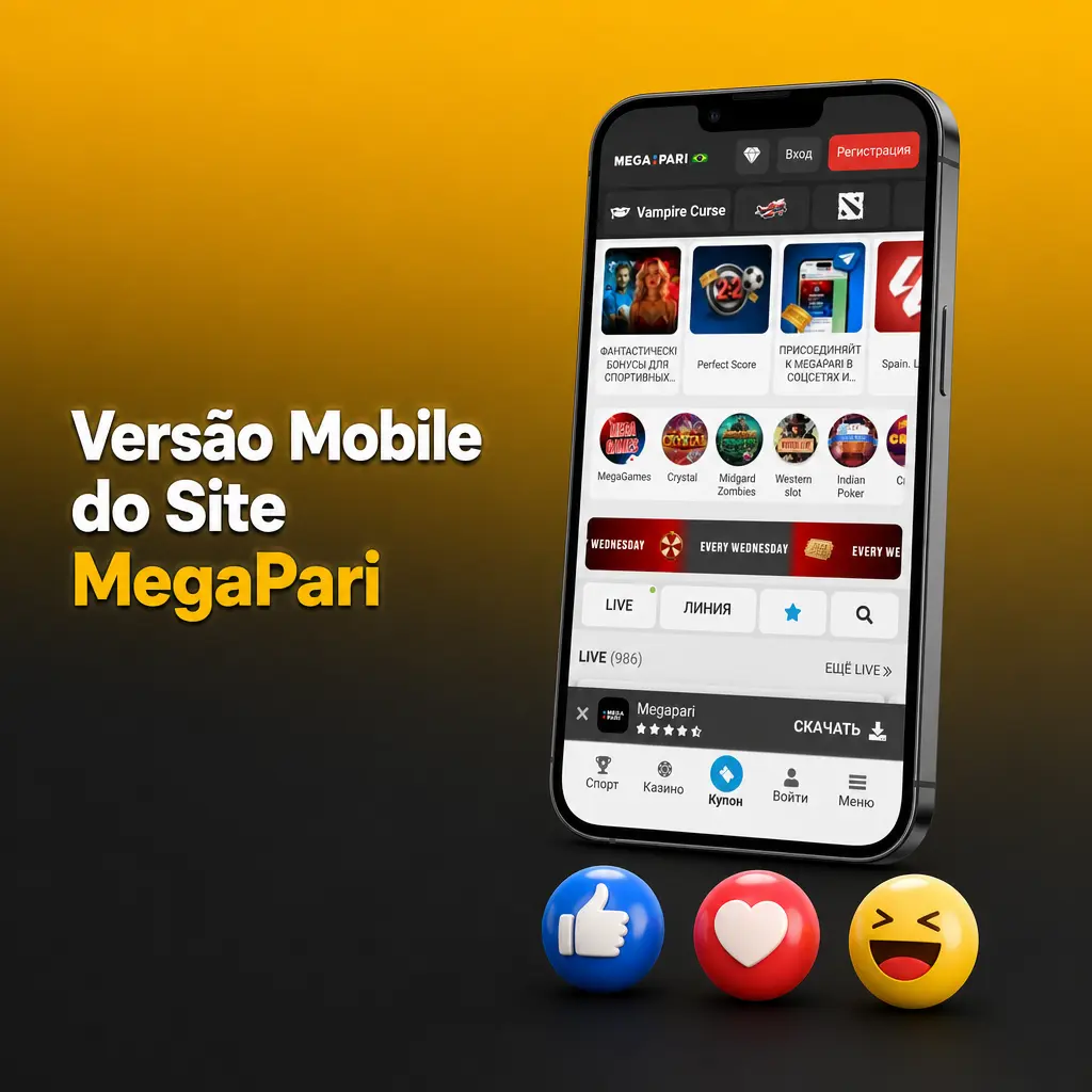 Versão mobile do site MegaPari em smartphone, com interface adaptada para apostas esportivas e cassino ao vivo